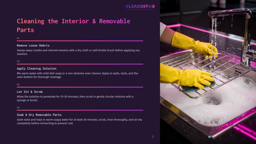 Yellow-Gloved Hands Scrub A Stainless Steel Oven Rack In A Sink Filled With Soapy Water. Cleaning Instructions For Oven Interiors And Removable Parts Are Visible On The Left.