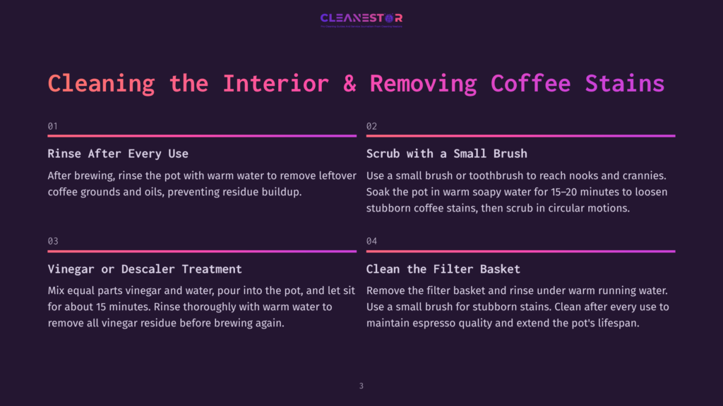 Infographic Showing Steps For Cleaning Coffee Maker Interior And Removing Coffee Stains. Step 1: Rinse Pot After Every Use With Warm Water. Step 2: Scrub With A Small Brush. Step 3: Vinegar Or Descaler Treatment. Step 4: Clean The Filter Basket.