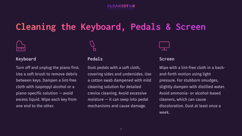 Illustration Showing Cleaning Instructions For A Keyboard, Pedals, And Screen. Text Details How To Clean Each Component, Emphasizing Gentle Methods And Appropriate Solutions.