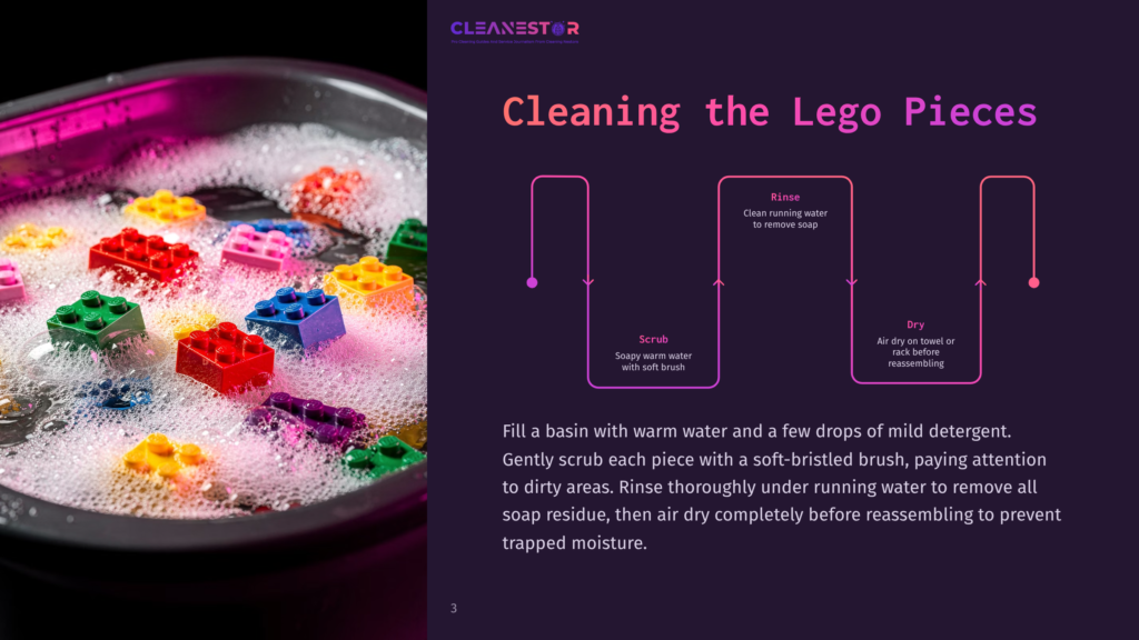 Colorful Lego Bricks Submerged In Soapy Water With Bubbles, Ready For Cleaning. The Image Also Shows A Diagram Illustrating The Steps For Cleaning Lego Pieces: Scrub, Rinse, And Dry.