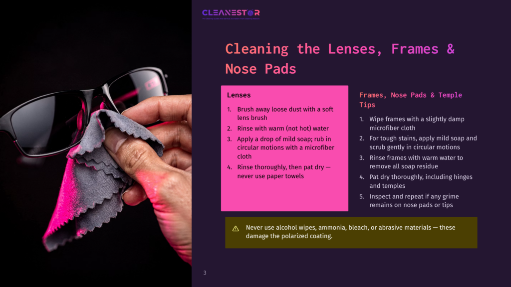 3 Cleaning The Lenses Frames And Nose Pads A Hand In A Grey Microfiber Cloth Gently Cleans Black Eyeglasses, With A Pink And Purple Light Reflecting On The Lenses And Cloth. Text Overlay Reads &Quot;Cleanestor Cleaning The Lenses, Frames &Amp; Nose Pads&Quot;.