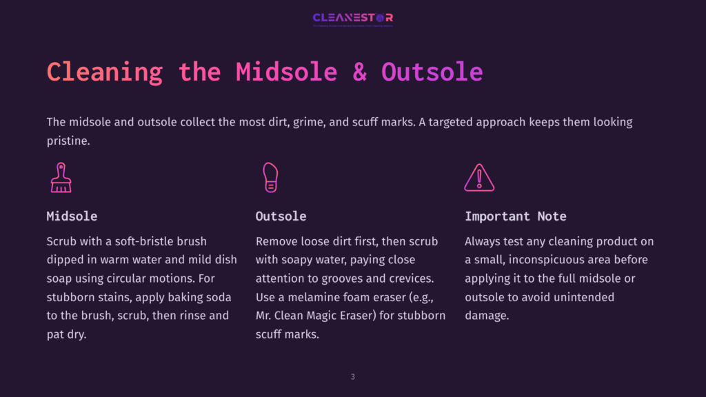Illustration Detailing How To Clean Shoe Midsoles And Outsoles, With Icons For Scrubbing, Cleaning, And A Warning Symbol. Text Includes &Quot;Cleaning The Midsole &Amp; Outsole,&Quot; &Quot;Midsole,&Quot; &Quot;Outsole,&Quot; And &Quot;Important Note.