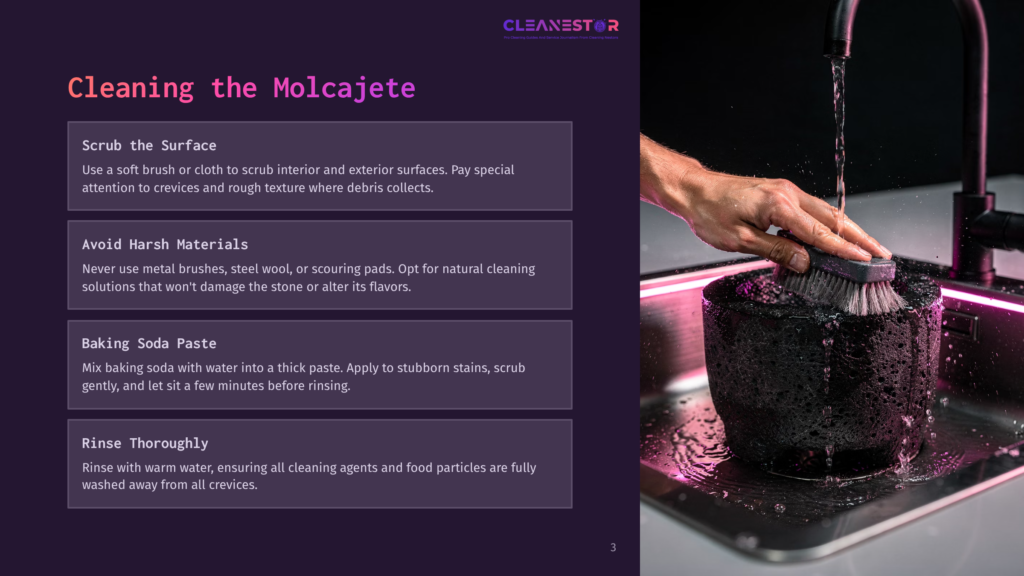 A Hand Scrubs A Molcajete With A Brush In A Sink, With A Pink Neon Light Reflecting On The Wet Stone. Text Overlays Provide Cleaning Instructions For The Molcajete.