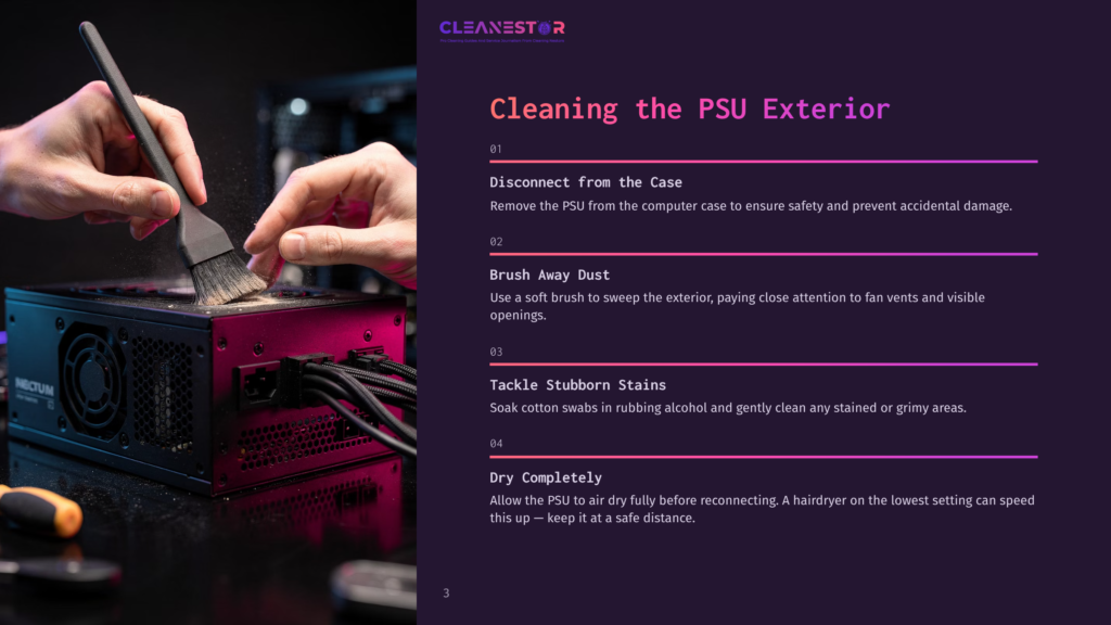 Hands Use A Soft Brush To Clean Dust From The Exterior Of A Black Computer Psu, With Cables Attached. Text Reads: &Quot;Cleaning The Psu Exterior.