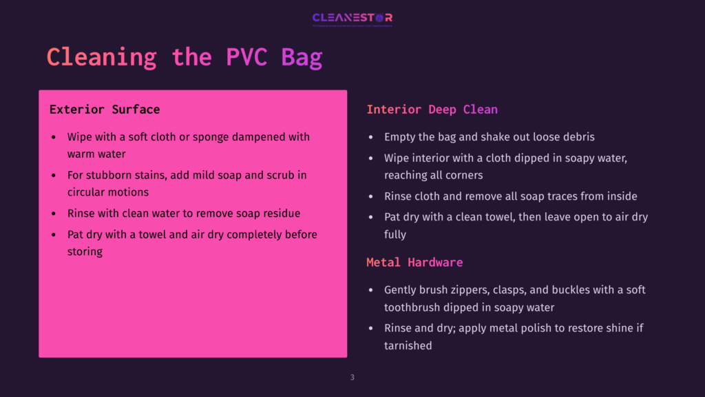 Slide Titled &Quot;Cleaning The Pvc Bag&Quot; Detailing Exterior Surface Cleaning Steps Like Wiping With A Damp Cloth And Scrubbing For Stains, And Interior Deep Clean Steps Including Wiping With A Soapy Cloth And Cleaning Metal Hardware With A Toothbrush.