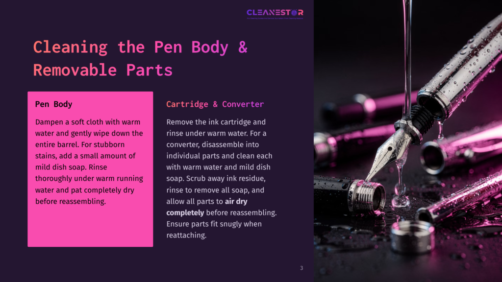 Close-Up Of A Shiny, Silver Fountain Pen With A Black Grip Being Cleaned, With Water Droplets And Dark, Wet Surfaces In The Background.