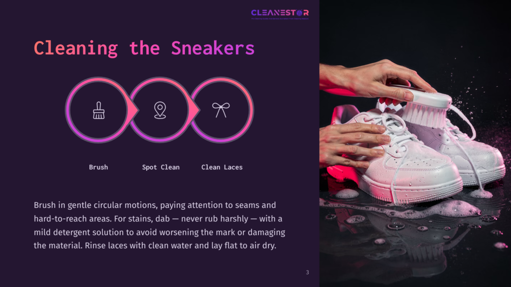 A Close-Up Of Hands Cleaning White Sneakers With A Brush, Demonstrating The &Quot;Cleaning The Sneakers&Quot; Process: Brush, Spot Clean, Clean Laces. The Image Highlights A Gentle Circular Motion With Mild Detergent Solution.