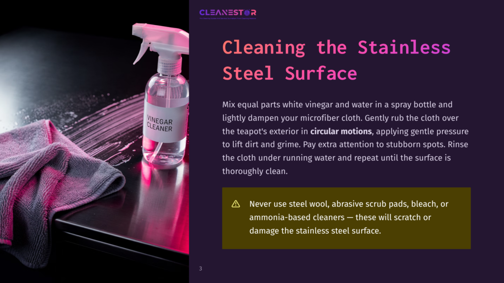 A Spray Bottle Labeled &Quot;Vinegar Cleaner&Quot; Sits Next To A Folded Gray Microfiber Cloth On A Dark, Reflective Surface, With Pink Light Reflecting On The Surface And Cloth.