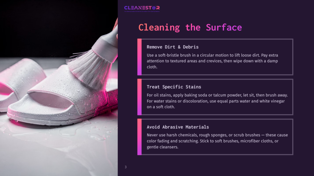 White Slides With Water Droplets Are Being Cleaned With A Brush, With Text Overlay &Quot;Cleaning The Surface&Quot; And Instructions On Removing Dirt, Treating Stains, And Avoiding Abrasive Materials.