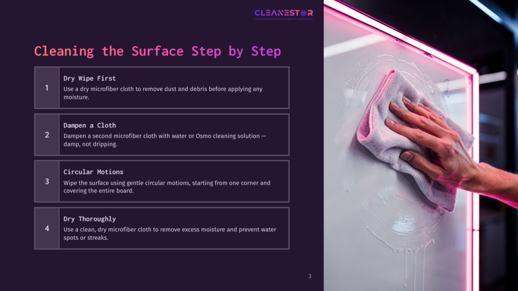 A Person'S Hands Gently Wipe A Wet, White Surface With A Pink Microfiber Cloth, Leaving Streaks Of Water And Cleaning Solution. The Text &Quot;Cleanestor&Quot; Is Visible At The Top.