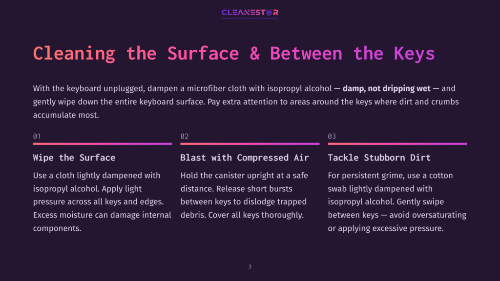 3 Cleaning The Surface And Between The Keys Cleanestor Logo And Text Detailing How To Clean A Keyboard: &Quot;Cleaning The Surface &Amp; Between The Keys,&Quot; With Instructions For Wiping, Using Compressed Air, And Tackling Stubborn Dirt.