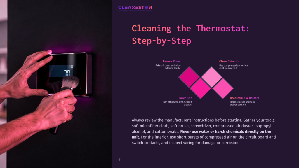 3 Cleaning The Thermostat Step By Step Close-Up Of Hands Cleaning A Modern Thermostat With A Soft Brush. The Thermostat Display Shows &Quot;70&Quot; And Is Illuminated With Purple Light. Instructions For Cleaning The Thermostat Are Visible In The Background.