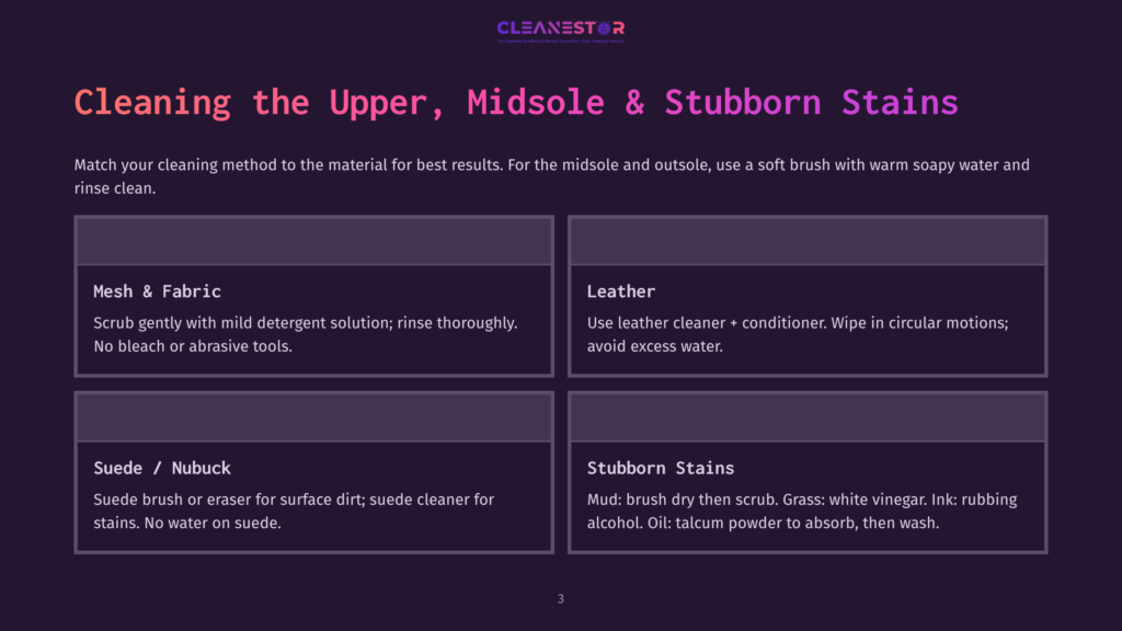Infographic Titled &Quot;Cleaning The Upper, Midsole &Amp; Stubborn Stains&Quot; With Four Sections Detailing Cleaning Methods For Mesh &Amp; Fabric, Leather, Suede/Nubuck, And Stubborn Stains.