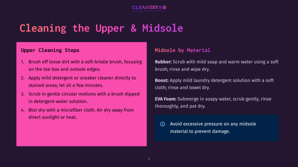 Cleaning Guide For Upper And Midsole Of Shoes. Includes Steps For Cleaning And Material-Specific Instructions For Rubber, Boost, And Eva Foam.