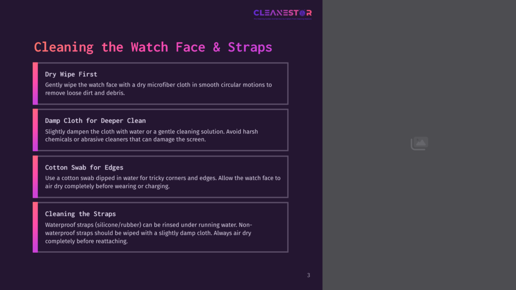 A Screenshot From A Blog About Cleaning A Watch Face And Straps With Instructions For Dry Wiping, Using A Damp Cloth, Cotton Swab, And Rinsing Waterproof Straps.