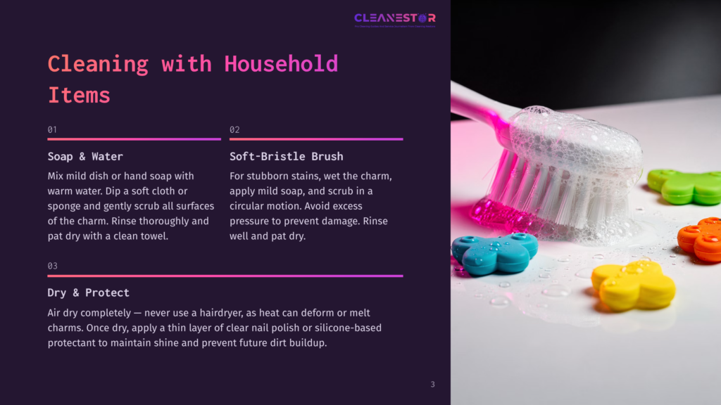 Close-Up Of A Pink Dish Brush With White Bristles Creating Suds In Soapy Water, With Colorful Plastic Bath Toys In The Background. &Quot;Cleanestor&Quot; Logo Is Visible.