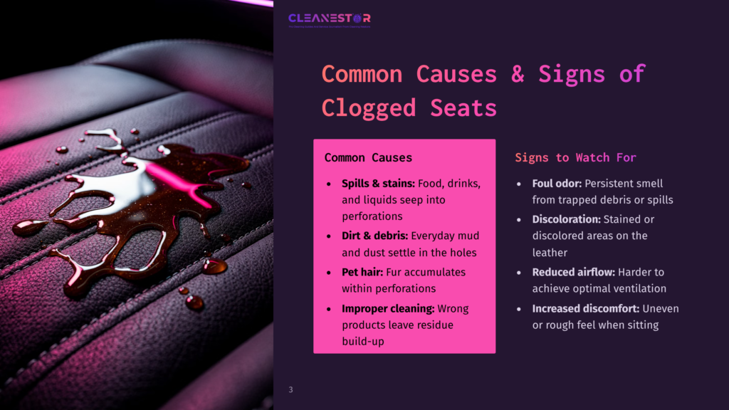 3 Common Causes And Signs Of Clogged Seats Close-Up Of A Dark Leather Car Seat With Spilled Dark Liquid Soaking Into The Perforations, Highlighting Common Causes Of Clogged Seats.