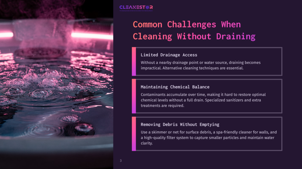 3 Common Challenges When Cleaning Without Draining Close-Up Of A Hot Tub With Pink Led Lights Reflecting On The Rippling Water, Showing Bubbles And Jets. Text Overlay: &Quot;Cleanestor Common Challenges When Cleaning Without Draining&Quot;.
