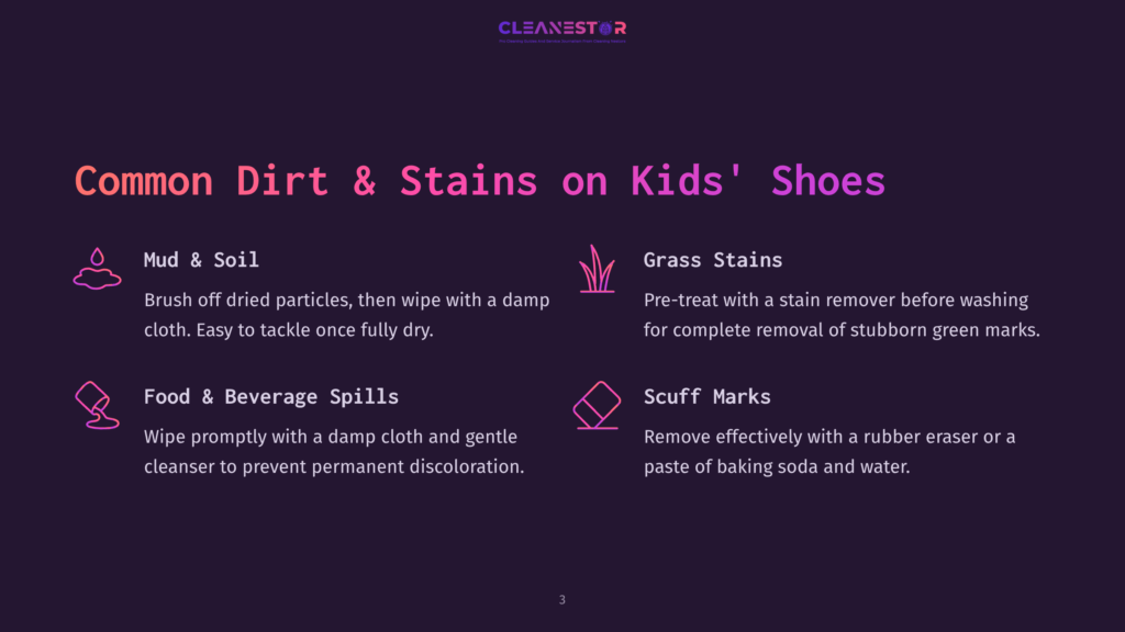 Infographic Titled &Quot;Common Dirt &Amp; Stains On Kids' Shoes&Quot; From Cleanestor, Detailing How To Remove Mud, Grass, And Food Stains.