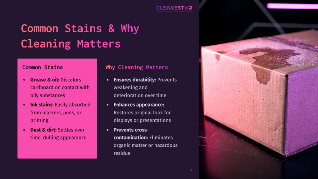 Close-Up Of A Damp Cardboard Box With Water Stains, Illuminated By Purple And Pink Lighting. Text On The Left Side Of The Image Reads &Quot;Common Stains &Amp; Why Cleaning Matters&Quot;.