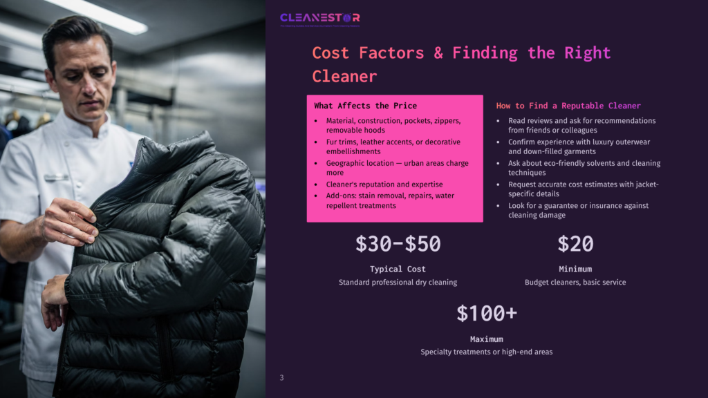 A Man In A Dark Jacket Holds A Puffy Black Coat, Examining It Closely. The Background Is A Dark, Textured Wall With The Text &Quot;Cleanestor&Quot; And &Quot;Cost Factors &Amp; Finding The Right Cleaner&Quot; Visible.