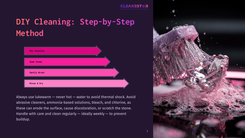 Close-Up Of A Diamond Jewelry Being Gently Cleaned With A Toothbrush And Foamy Suds, With A Graphic Overlay Showing Diy Cleaning Steps: Mix Solution, Soak Stone, Gently Brush, Rinse &Amp; Dry.