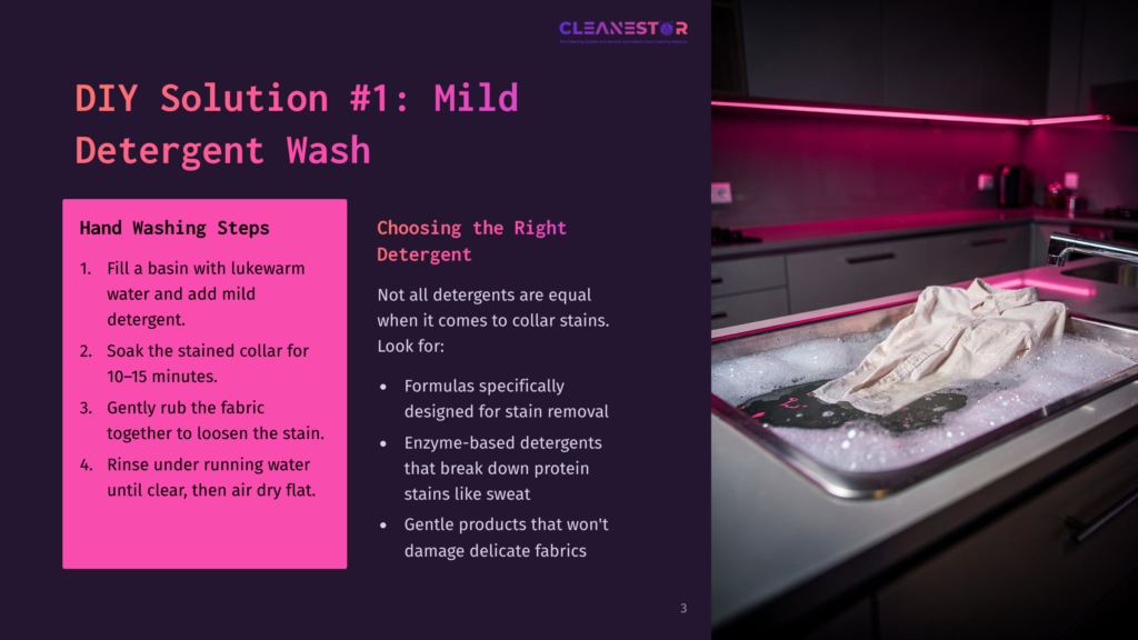 Diy Laundry Solution: A White Shirt Soaking In A Sink Full Of Soapy Water, With A Pink Overlay Detailing Hand Washing Steps And Detergent Choice Tips.