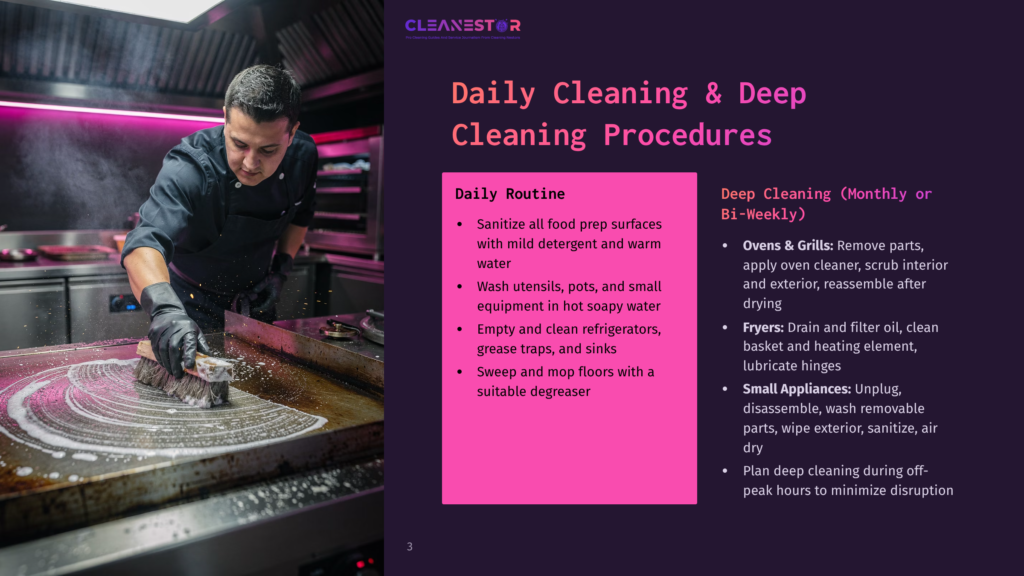 Chef Sanitizing A Commercial Kitchen Griddle With A Brush, Part Of A Deep Cleaning Procedure For Restaurant Kitchens. The Image Includes The Text &Quot;Cleanestor Daily Cleaning &Amp; Deep Cleaning Procedures&Quot;.