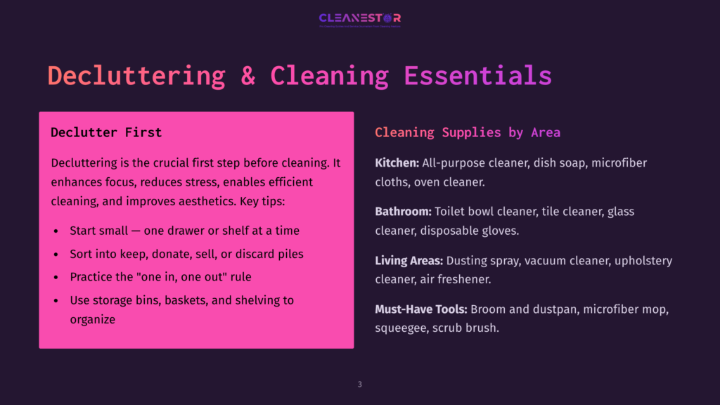A Dark Purple Slide Titled &Quot;Decluttering &Amp; Cleaning Essentials&Quot; From A Presentation. The Left Side Details &Quot;Declutter First&Quot; With Tips, While The Right Lists &Quot;Cleaning Supplies By Area&Quot; Like Kitchen, Bathroom, And Must-Have Tools.
