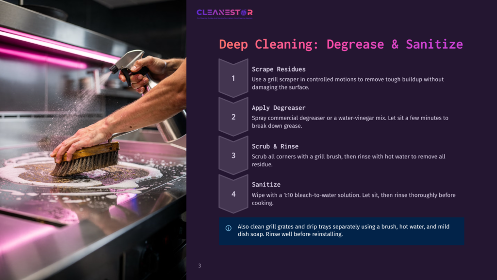 3 Deep Cleaning Degrease And Sanitize A Person'S Hands Are Shown Scrubbing A Stainless Steel Commercial Kitchen Grill With A Brush And Spray Bottle, Demonstrating The &Quot;Deep Cleaning: Degrease &Amp; Sanitize&Quot; Process.