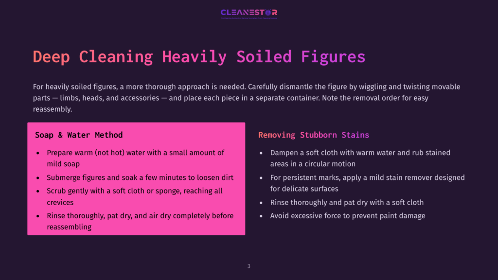 Deep Cleaning Heavily Soiled Figures: Instructions For Cleaning And Removing Stubborn Stains From Figures, Including Submerging In Warm Soapy Water And Using A Soft Cloth With Warm Water And Rub To Remove Marks.