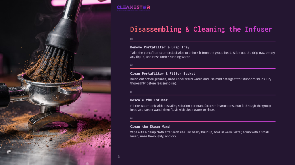 3 Disassembling And Cleaning The Infuser Close-Up Of A Barista Cleaning A Coffee Machine Portafilter With A Brush, Coffee Grounds Scattered On A Metal Surface. Text Overlay Reads &Quot;Cleanestor&Quot; And &Quot;Disassembling &Amp; Cleaning The Infuser&Quot;.