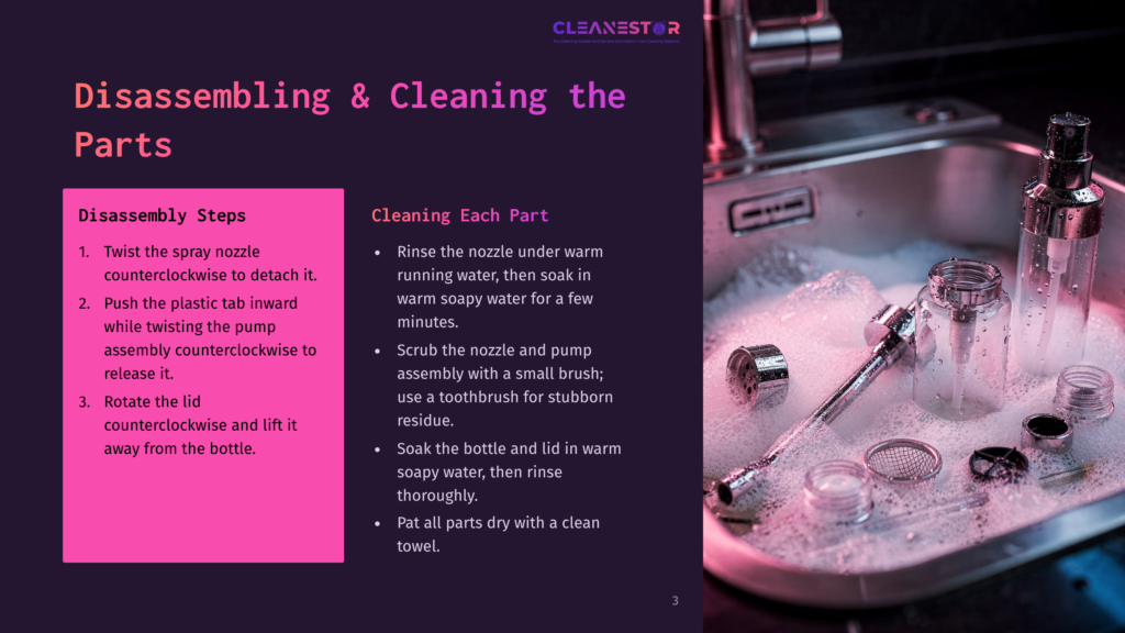 Disassembly Steps For Cleaning Parts Include Twisting The Spray Nozzle Counterclockwise To Detach It, Pushing The Plastic Tab Inward While Twisting The Pump Assembly Counterclockwise To Release It, And Rotating The Lid Counterclockwise To Lift It Away From The Bottle. Cleaning Parts Involve Rinsing The Nozzle Under Warm Running Water, Soaking It In Warm Soapy Water For A Few Minutes, Scrubbing With A Small Brush Or Toothbrush, Soaking The Bottle In Warm Soapy Water, Rinsing Thoroughly, And Drying With A Clean Towel.