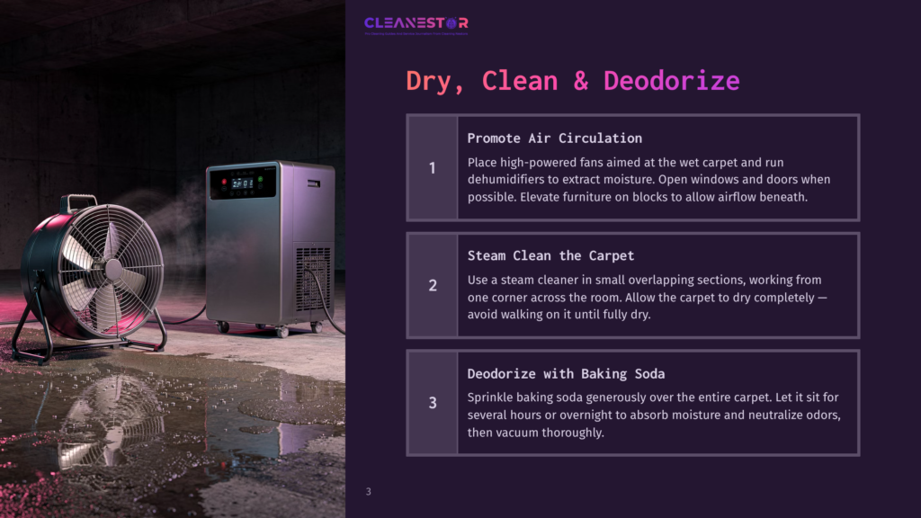 A Powerful Industrial Fan Blows Air Across A Wet, Damaged Floor With Puddles And Debris, Next To A Large Dehumidifier Machine. The Scene Is Dimly Lit With A Concrete Background, Suggesting Flood Or Water Damage Cleanup.