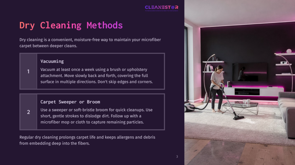 3 Dry Cleaning Methods 1 A Woman Vacuums A Plush Carpet In A Modern Living Room With A Large Tv And Ambient Lighting.
