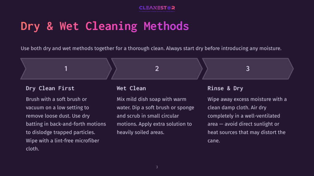 3 Dry And Wet Cleaning Methods 1 Diagram Illustrating Dry And Wet Cleaning Methods In Three Steps: 1. Dry Clean First, 2. Wet Clean, 3. Rinse &Amp; Dry. The Diagram Is On A Dark Purple Background With The Cleanestor Logo At The Top.