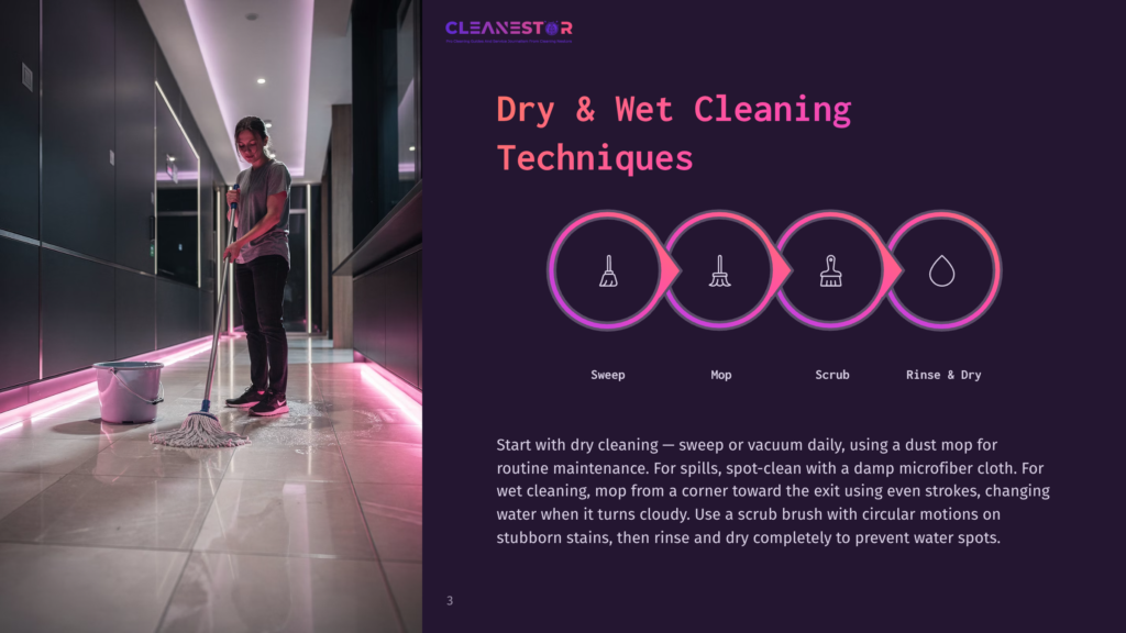 3 Dry And Wet Cleaning Techniques 1 A Woman Mops A Modern Kitchen Floor With Pink Led Lighting, Demonstrating Dry &Amp; Wet Cleaning Techniques. The Image Includes Cleanestor Branding And Text About Cleaning Methods.