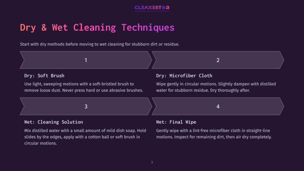 Cleanestor Logo And Graphic Illustrating Four Steps For Dry And Wet Cleaning Techniques: 1. Dry Soft Brush, 2. Dry Microfiber Cloth, 3. Wet Cleaning Solution, 4. Wet Final Wipe.