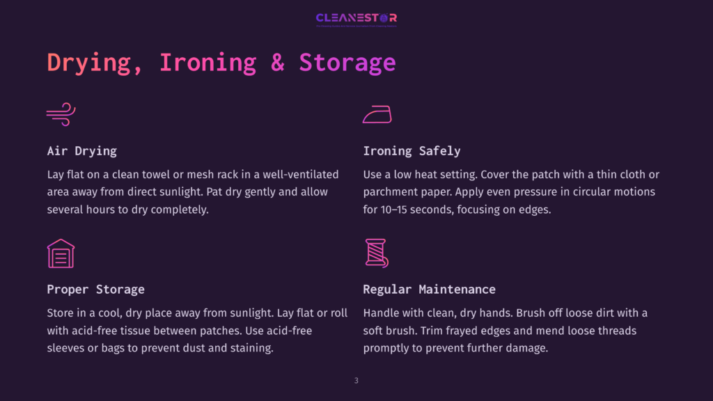 3 Drying Ironing And Storage Cleanestor Logo And Text On A Dark Purple Background, With Sections On Air Drying, Ironing Safely, Proper Storage, And Regular Maintenance. Icons Represent Each Section.