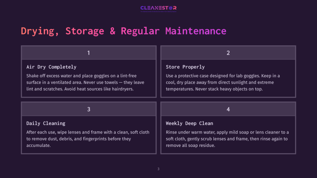 Infographic Detailing How To Dry, Store, And Regularly Maintain Lab Goggles, With Sections On Air Drying, Proper Storage, Daily Cleaning, And Weekly Deep Cleaning.