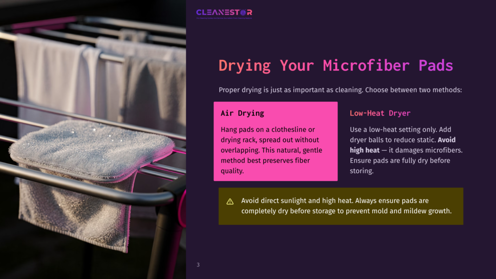 A Close-Up Shot Of A Damp Microfiber Cleaning Pad Resting On A Drying Rack, With Other Microfiber Cloths Hanging In The Background. Text Overlays Provide Instructions For Drying Microfiber Pads.