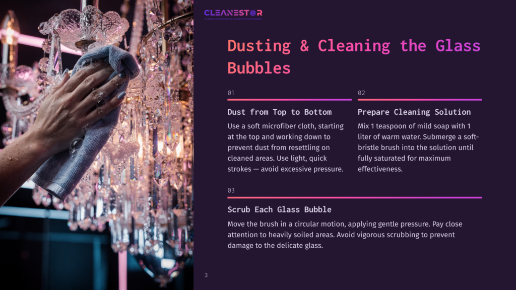Close-Up Of A Hand Gently Dusting A Crystal Chandelier With A Light Blue Microfiber Cloth, Showing Water Droplets On The Hand And Crystals. Text Overlay: &Quot;Cleanestor Dusting &Amp; Cleaning The Glass Bubbles&Quot;.