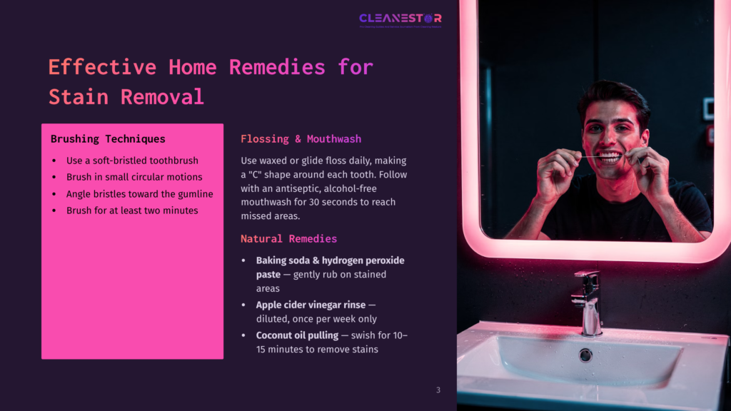 A Smiling Young Man With Dark Hair Flosses His Teeth In Front Of A Bright Pink, Illuminated Mirror. The Text &Quot;Cleanestor&Quot; Is Visible At The Top.
