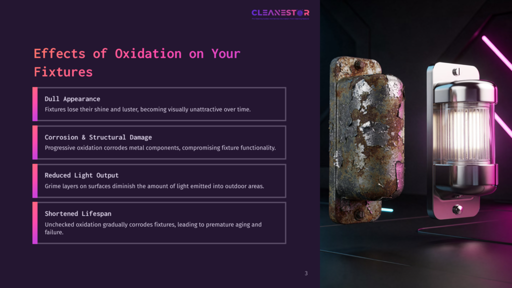 3 Effects Of Oxidation On Your Fixtures Cleanestor Logo And Text About The Effects Of Oxidation On Fixtures, Showing A Comparison Between A Corroded, Weathered Outdoor Light Fixture And A New, Bright Fixture.