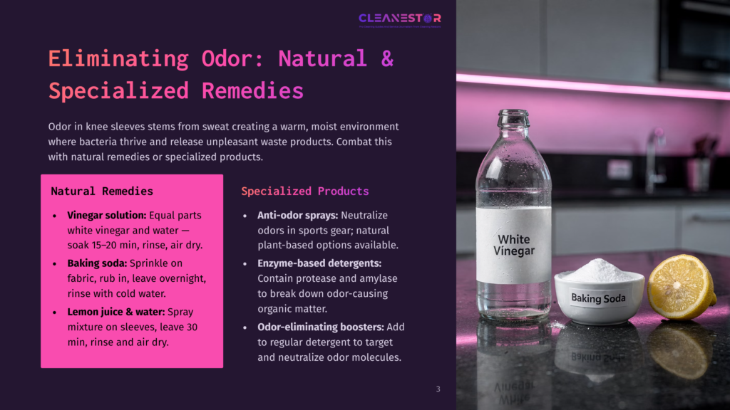 A Bottle Of White Vinegar And A Jar Of Baking Soda Sit On A Dark Countertop Next To A Lemon, With Text Overlay About Natural Odor Remedies.