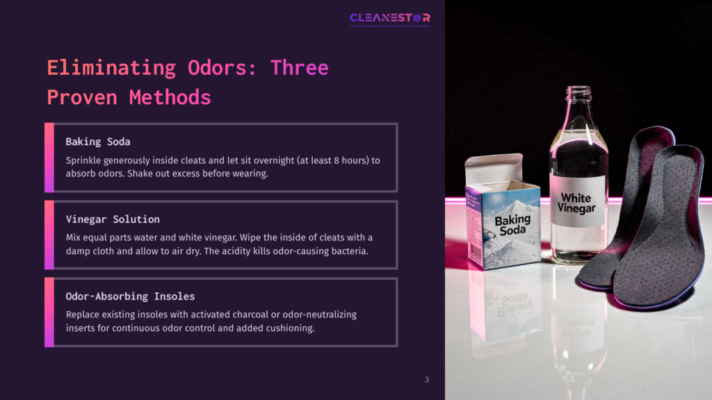 Three Methods For Eliminating Shoe Odors: Baking Soda, Vinegar Solution, And Odor-Absorbing Insoles, With Bottles Of Baking Soda And White Vinegar And A Pair Of Insoles.