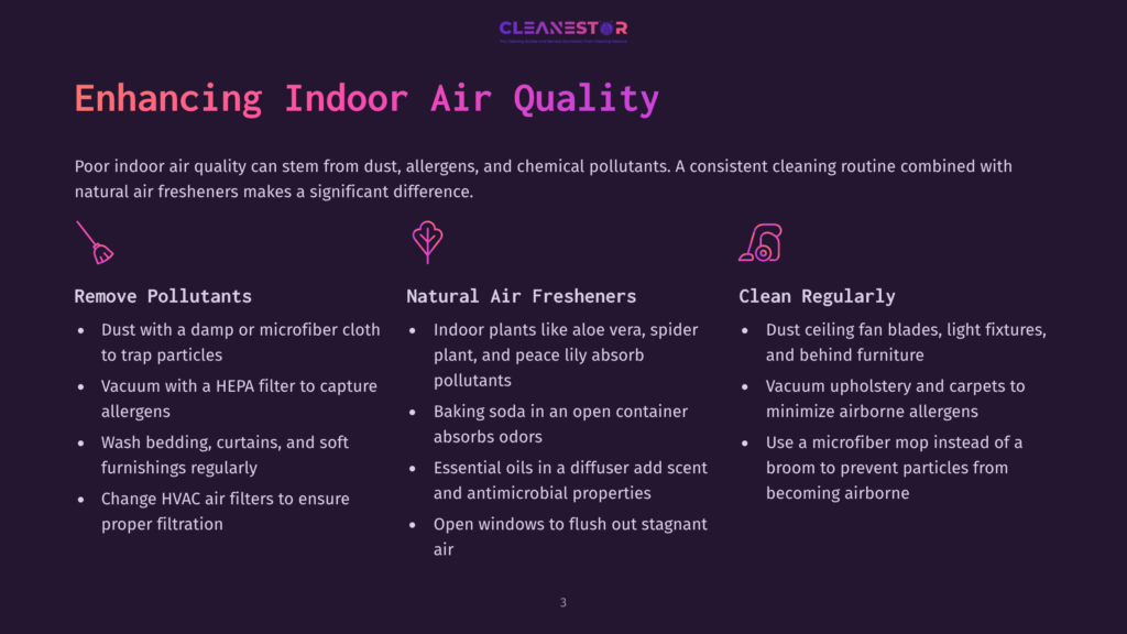 Slide Titled &Quot;Enhancing Indoor Air Quality&Quot; With Three Sections: &Quot;Remove Pollutants,&Quot; &Quot;Natural Air Fresheners,&Quot; And &Quot;Clean Regularly,&Quot; Featuring Icons And Bullet Points On Improving Home Air Quality.