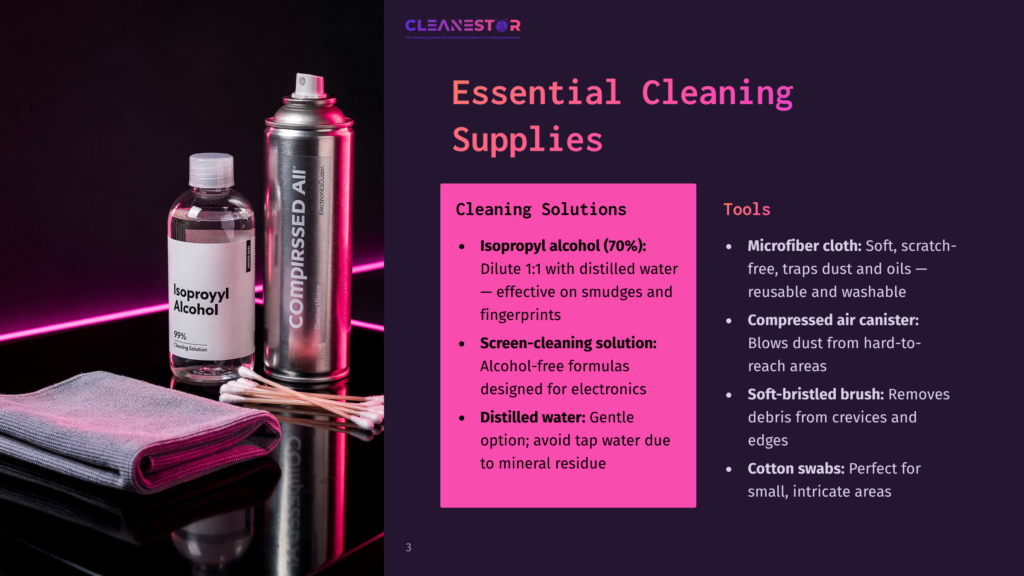 3 Essential Cleaning Supplies 1 Essential Cleaning Supplies From Cleanestor: Isopropyl Alcohol Bottle, Compressed Air Can, And Microfiber Cloth On A Dark Background.