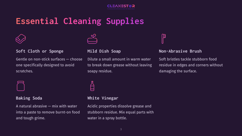 Essential Cleaning Supplies List With Icons: Soft Cloth, Mild Dish Soap, Non-Abrasive Brush, Baking Soda, And White Vinegar.