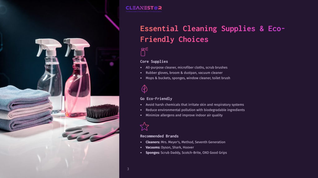 An Infographic Titled &Quot;Essential Cleaning Supplies &Amp; Eco-Friendly Choices&Quot; Displays A Table With Cleaning Products Such As Spray Bottles, Gloves, And A Brush On A Dark Background. Key Text Includes &Quot;Core Supplies,&Quot; &Quot;Go Eco-Friendly,&Quot; And &Quot;Recommended Brands.